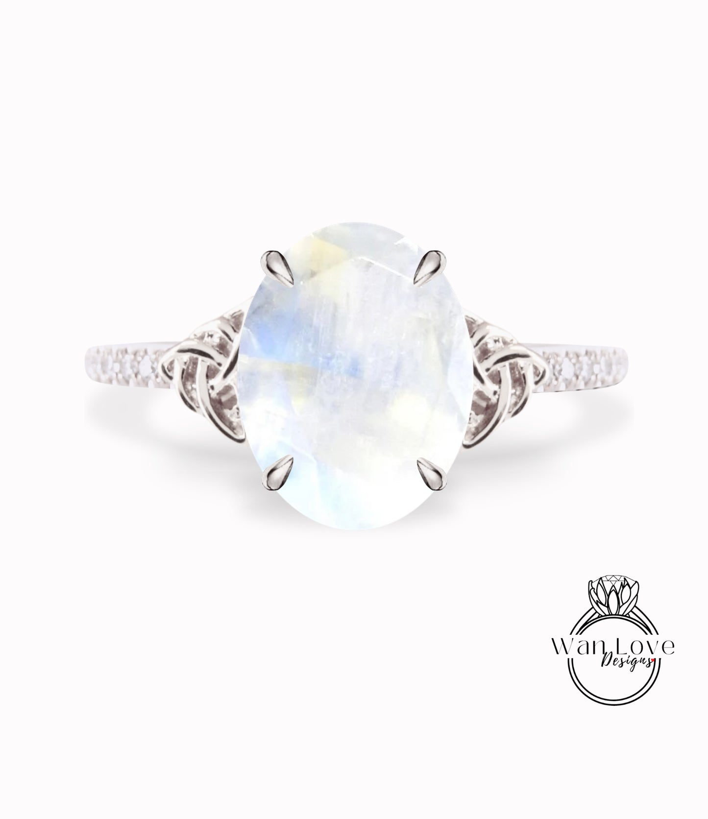Moonstone & Diamond Celtic Knot Oval Engagement Ring, Custom, Wedding, Double,14k 18k White Yellow Rose Gold,Platinum, Anniversary Gift