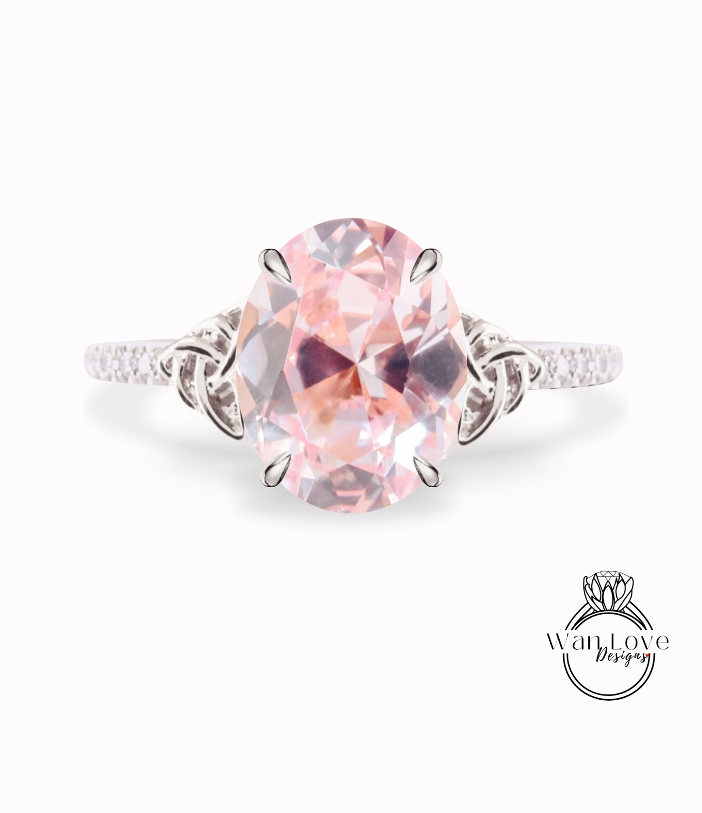 Anello di fidanzamento ovale con diamante zaffiro rosa chiaro con nodo celtico Anello con mezza eternità con diamante celtico Moissanite Promessa nuziale ovale Anniversario