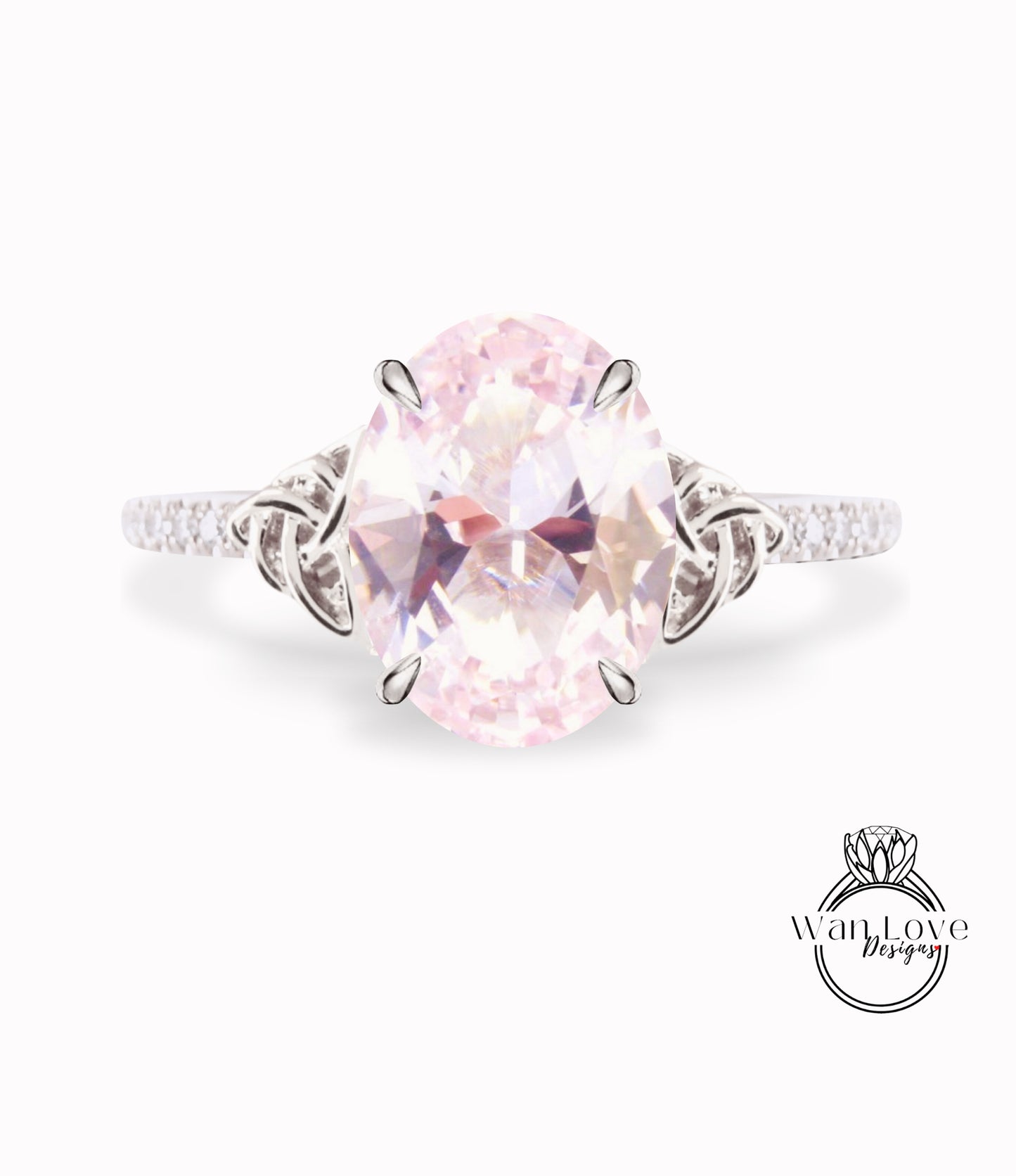 Anello di fidanzamento ovale con diamante zaffiro rosa chiaro con nodo celtico Anello con mezza eternità con diamante celtico Moissanite Promessa nuziale ovale Anniversario