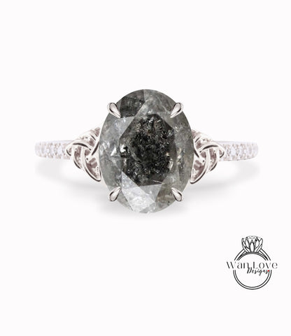 Anello di fidanzamento con diamante celtico ovale con sale e pepe, set con nodo celtico, anello nuziale in oro, unico anello nuziale con diamante, anello di promessa irlandese