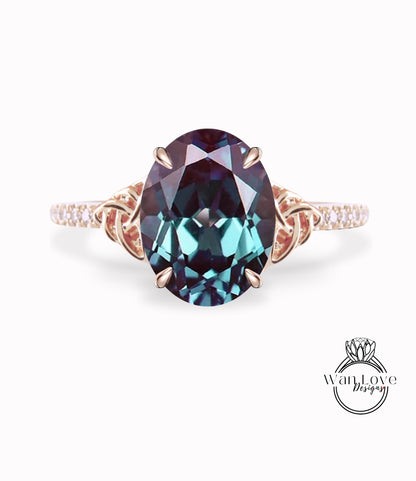 Alexandrite & Diamond Celtic Knot Oval Engagement Ring, Custom, Wedding, Double,14k 18k White Yellow Rose Gold,Platinum, Anniversary Gift