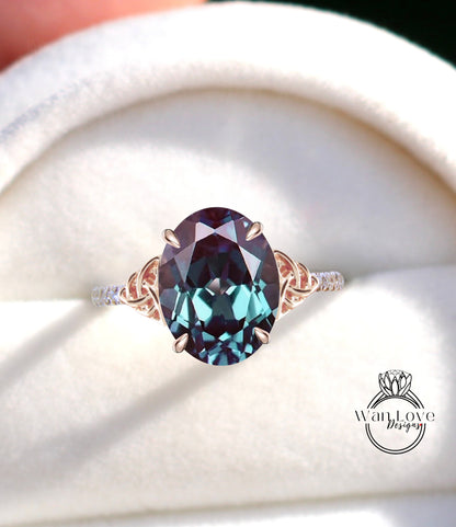 Alexandrite & Diamond Celtic Knot Oval Engagement Ring, Custom, Wedding, Double,14k 18k White Yellow Rose Gold,Platinum, Anniversary Gift