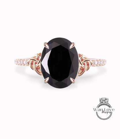 Black Spinel & Diamond Celtic Knot Oval Engagement Ring, Custom, Wedding, Double,14k 18k White Yellow Rose Gold,Platinum, Anniversary Gift