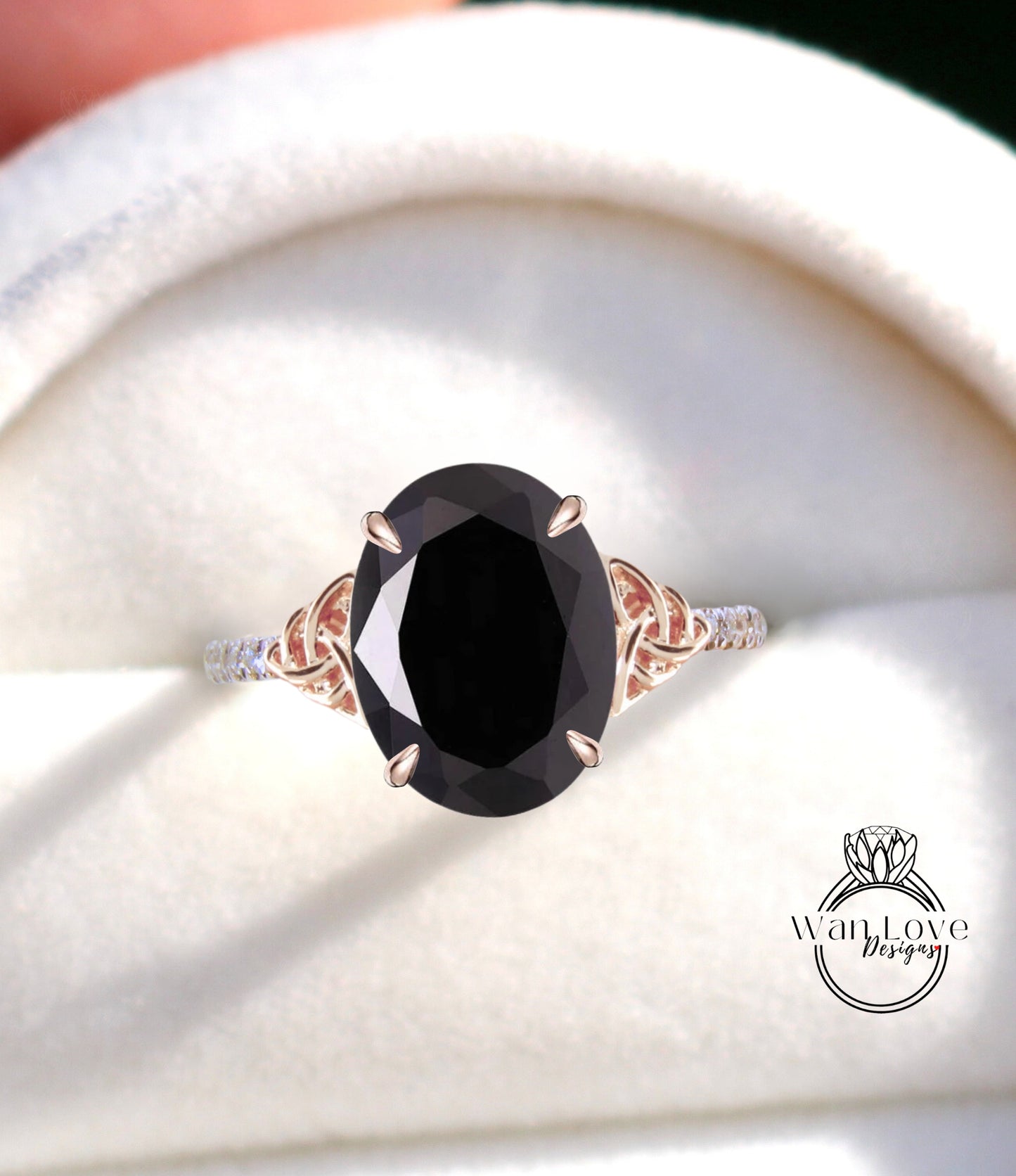 Black Spinel & Diamond Celtic Knot Oval Engagement Ring, Custom, Wedding, Double,14k 18k White Yellow Rose Gold,Platinum, Anniversary Gift