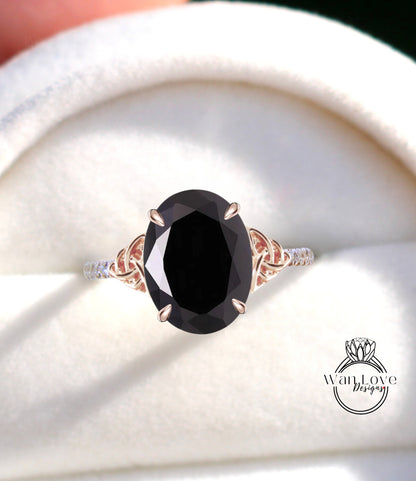 Black Spinel & Diamond Celtic Knot Oval Engagement Ring, Custom, Wedding, Double,14k 18k White Yellow Rose Gold,Platinum, Anniversary Gift