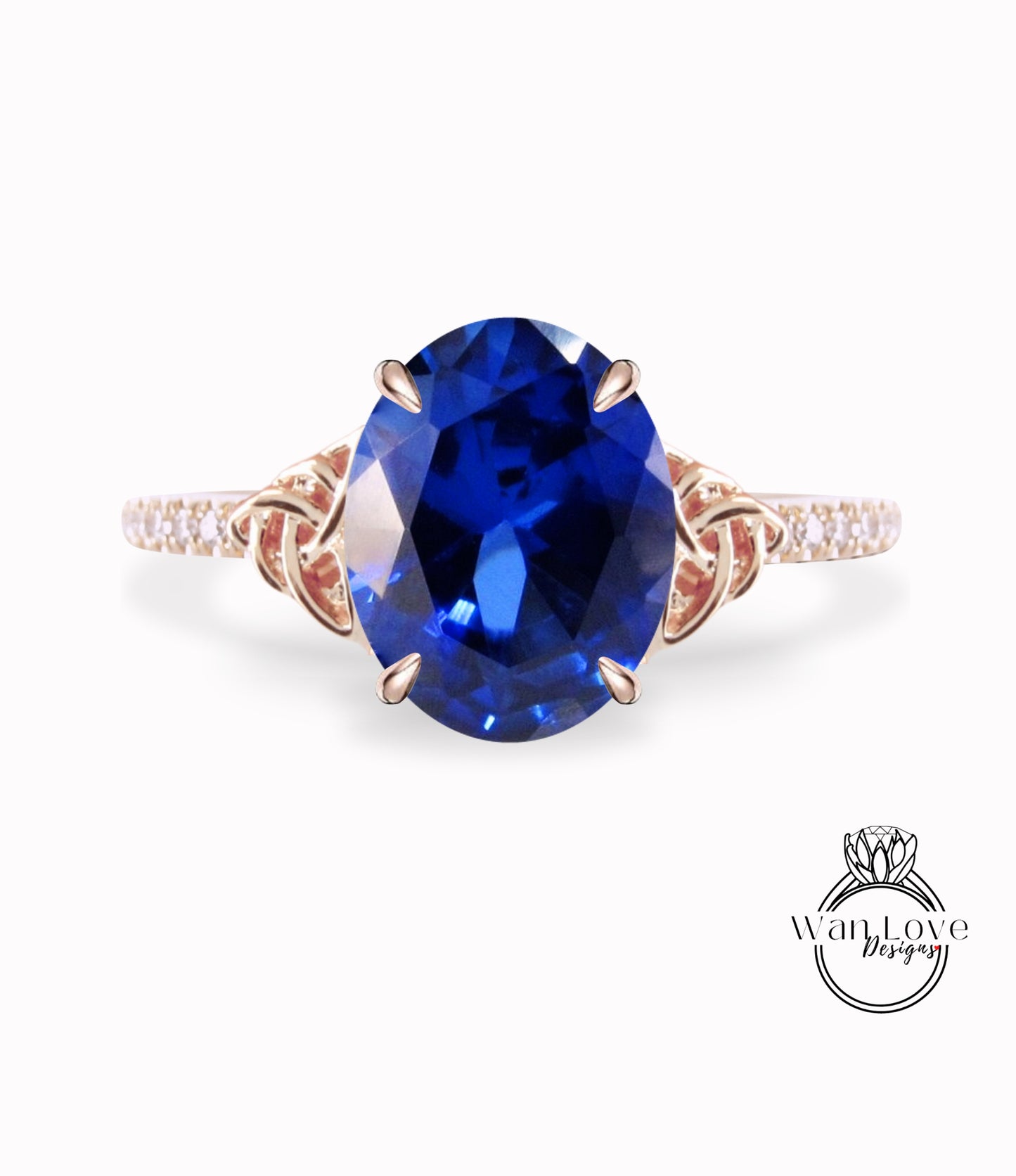 Blue Sapphire & Diamond Celtic Knot Oval Engagement Ring, Custom, Wedding, Double,14k 18k White Yellow Rose Gold,Platinum, Anniversary Gift