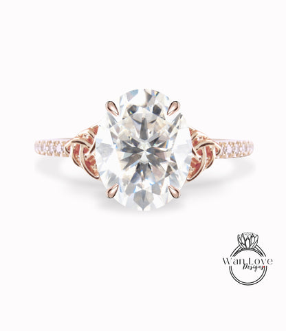 Moissanite & Diamond Celtic Knot Oval Engagement Ring, Custom, Wedding, Double,14k 18k White Yellow Rose Gold,Platinum, Anniversary Gift
