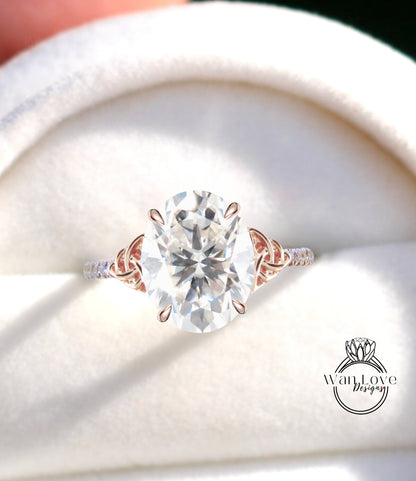 Moissanite & Diamond Celtic Knot Oval Engagement Ring, Custom, Wedding, Double,14k 18k White Yellow Rose Gold,Platinum, Anniversary Gift