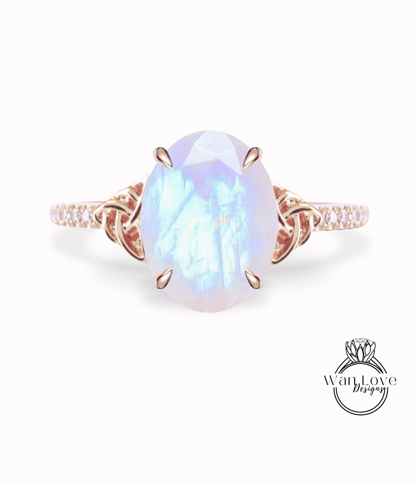 Moonstone & Diamond Celtic Knot Oval Engagement Ring, Custom, Wedding, Double,14k 18k White Yellow Rose Gold,Platinum, Anniversary Gift