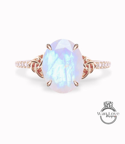 Moonstone & Diamond Celtic Knot Oval Engagement Ring, Custom, Wedding, Double,14k 18k White Yellow Rose Gold,Platinum, Anniversary Gift