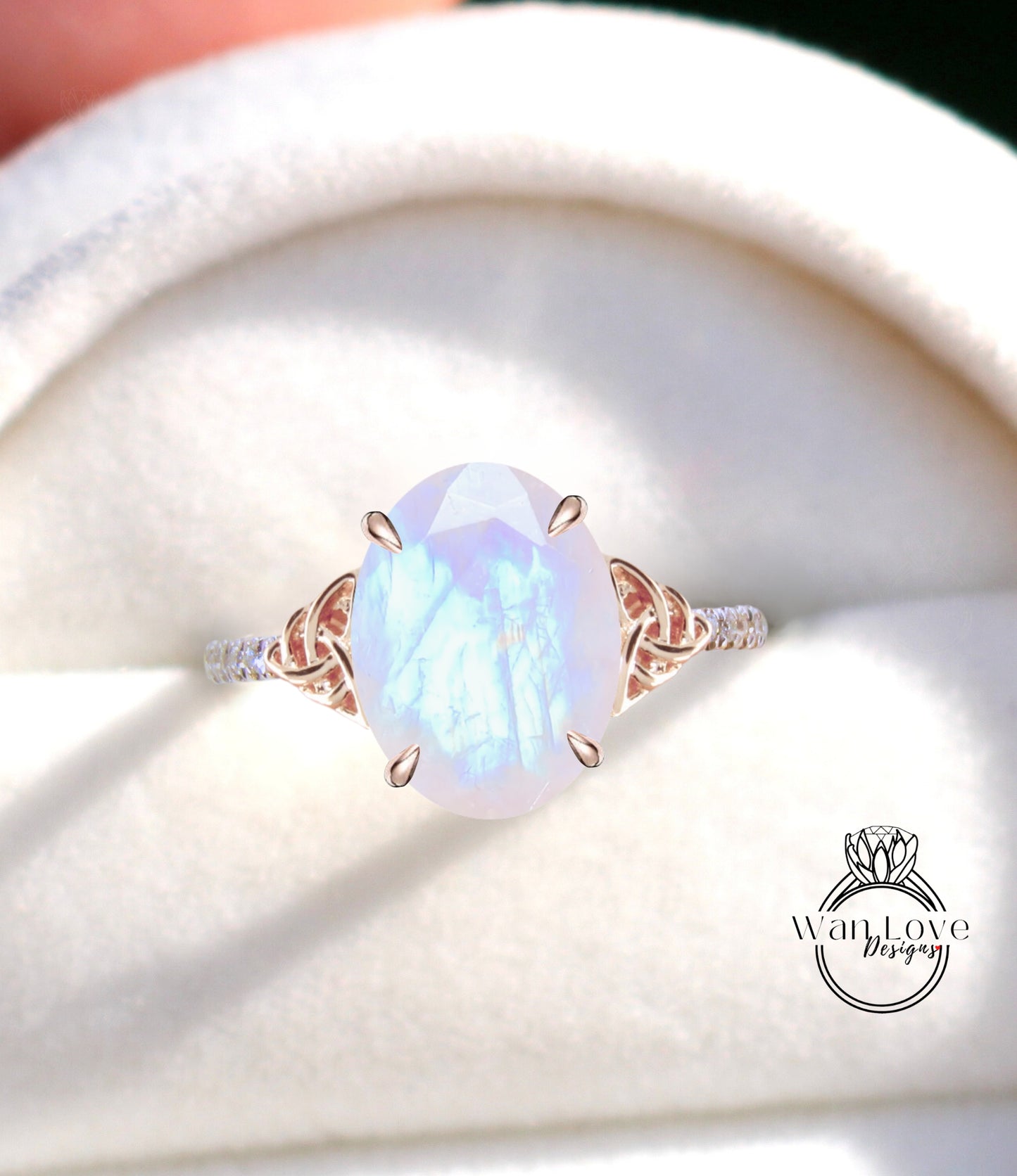 Moonstone & Diamond Celtic Knot Oval Engagement Ring, Custom, Wedding, Double,14k 18k White Yellow Rose Gold,Platinum, Anniversary Gift