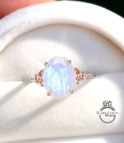 Moonstone & Diamond Celtic Knot Oval Engagement Ring, Custom, Wedding, Double,14k 18k White Yellow Rose Gold,Platinum, Anniversary Gift