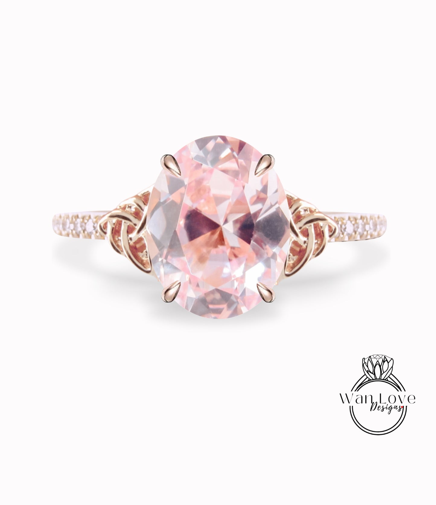 Anello di fidanzamento ovale con diamante zaffiro rosa chiaro con nodo celtico Anello con mezza eternità con diamante celtico Moissanite Promessa nuziale ovale Anniversario