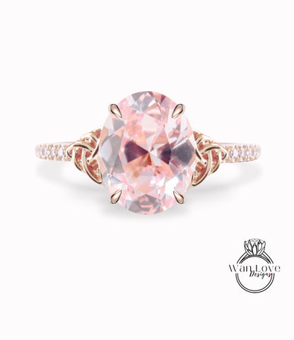 Anello di fidanzamento ovale con diamante zaffiro rosa chiaro con nodo celtico Anello con mezza eternità con diamante celtico Moissanite Promessa nuziale ovale Anniversario