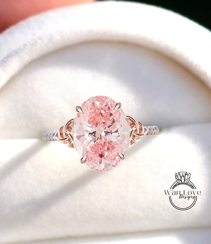 Pink Diamond Celtic Knot Oval Engagement Ring, Custom, Wedding, Double,14k 18k White Yellow Rose Gold,Platinum, Anniversary Gift
