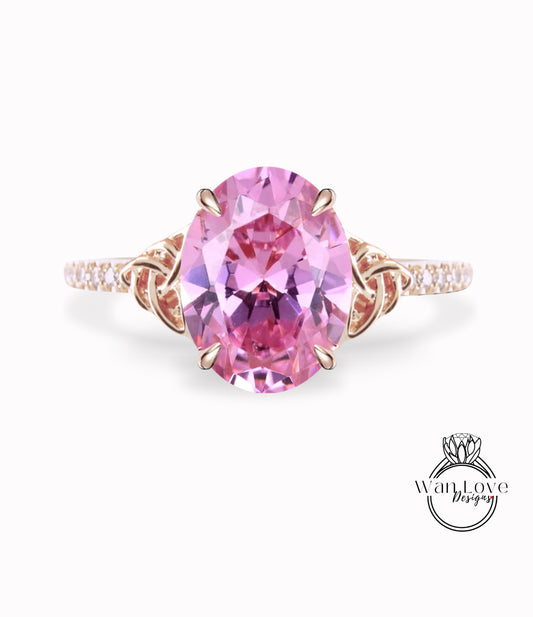 Pink Sapphire & Diamond Celtic Knot Oval Engagement Ring, Custom, Wedding, Double,14k 18k White Yellow Rose Gold,Platinum, Anniversary Gift