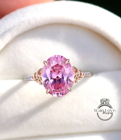 Pink Sapphire & Diamond Celtic Knot Oval Engagement Ring, Custom, Wedding, Double,14k 18k White Yellow Rose Gold,Platinum, Anniversary Gift