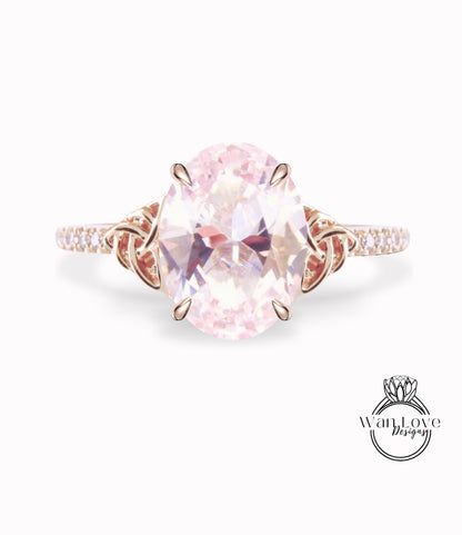 Anello di fidanzamento ovale con diamante zaffiro rosa chiaro con nodo celtico Anello con mezza eternità con diamante celtico Moissanite Promessa nuziale ovale Anniversario