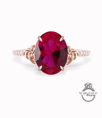 Ruby & Diamond Celtic Knot Oval Engagement Ring, Custom, Wedding, Double,14k 18k White Yellow Rose Gold,Platinum, Anniversary Gift