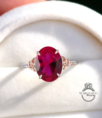 Ruby & Diamond Celtic Knot Oval Engagement Ring, Custom, Wedding, Double,14k 18k White Yellow Rose Gold,Platinum, Anniversary Gift