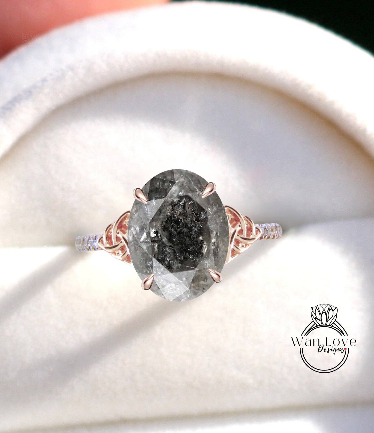 Anello di fidanzamento con diamante celtico ovale con sale e pepe, set con nodo celtico, anello nuziale in oro, unico anello nuziale con diamante, anello di promessa irlandese