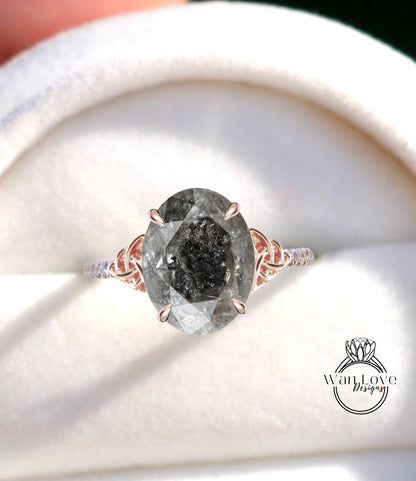 Anello di fidanzamento con diamante celtico ovale con sale e pepe, set con nodo celtico, anello nuziale in oro, unico anello nuziale con diamante, anello di promessa irlandese