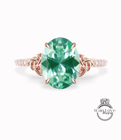 Teal Spinel & Diamond Celtic Knot Oval Engagement Ring, Custom, Wedding, Double,14k 18k White Yellow Rose Gold,Platinum, Anniversary Gift