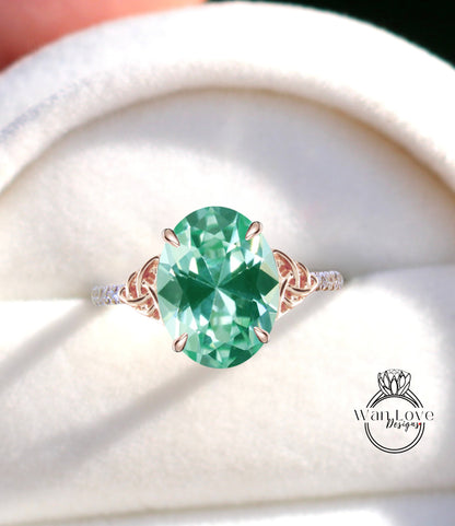 Teal Spinel & Diamond Celtic Knot Oval Engagement Ring, Custom, Wedding, Double,14k 18k White Yellow Rose Gold,Platinum, Anniversary Gift