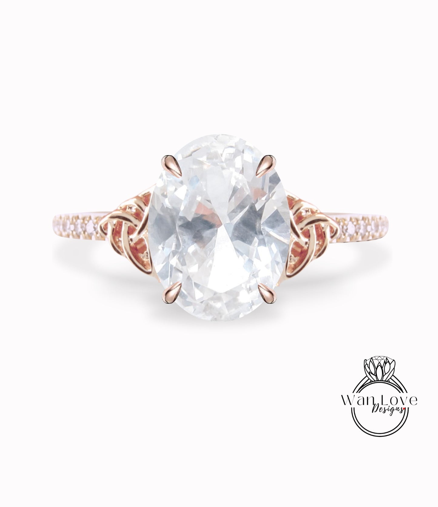 White Sapphire & Diamond Celtic Knot Oval Engagement Ring, Custom, Wedding, Double,14k 18k White Yellow Rose Gold,Platinum, Anniversary Gift