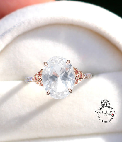 White Sapphire & Diamond Celtic Knot Oval Engagement Ring, Custom, Wedding, Double,14k 18k White Yellow Rose Gold,Platinum, Anniversary Gift