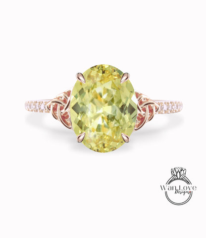 Yellow Sapphire & Diamond Celtic Knot Oval Engagement Ring, Custom, Wedding, Double,14k 18k White Yellow Rose Gold,Platinum, Anniversary Gift