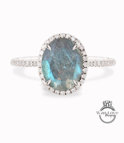 Oval cut Labradorite engagement ring art deco ring halo moissanite/diamond ring vintage rose gold half eternity anniversary bridal ring