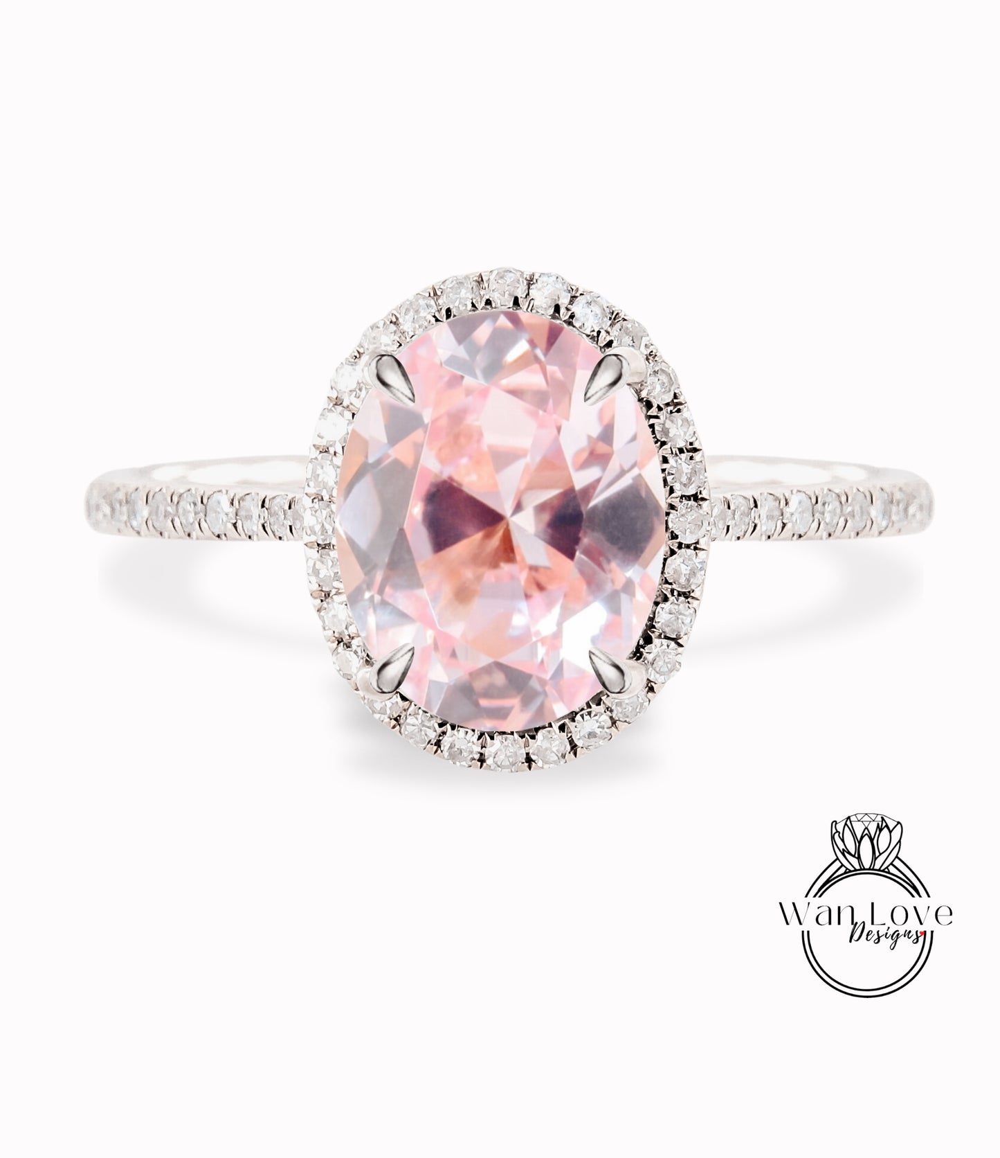 Anello di fidanzamento con alone laterale ovale con zaffiro pesca e diamante, anello di celebrità a metà strada per l'eternità, matrimonio personalizzato-14k oro 18k-platino