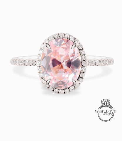 Anello di fidanzamento con alone laterale ovale con zaffiro pesca e diamante, anello di celebrità a metà strada per l'eternità, matrimonio personalizzato-14k oro 18k-platino