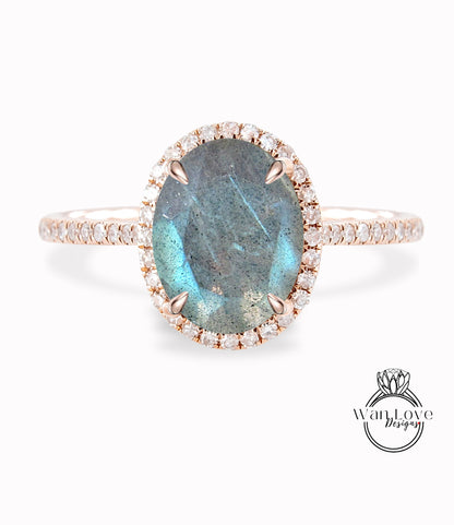 Oval cut Labradorite engagement ring art deco ring halo moissanite/diamond ring vintage rose gold half eternity anniversary bridal ring