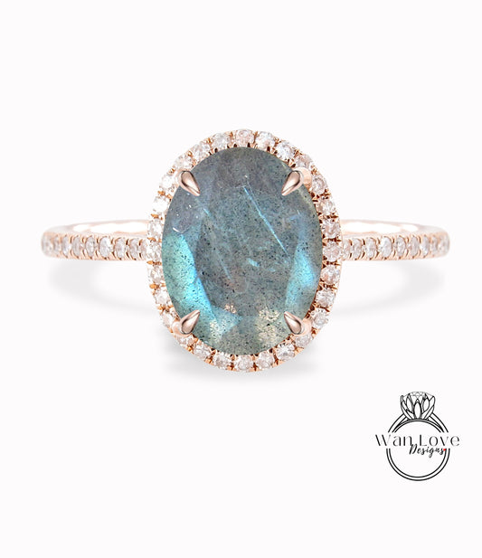 Oval cut Labradorite engagement ring art deco ring halo moissanite/diamond ring vintage rose gold half eternity anniversary bridal ring