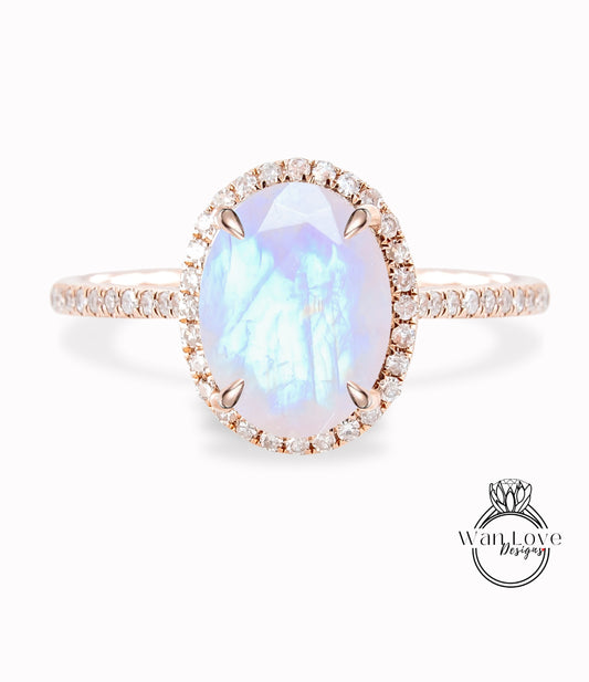Moonstone & Diamond Oval Halo Engagement Ring 14k 18k White Yellow Rose Gold Platinum Custom made size Wedding Anniversary Rainbow