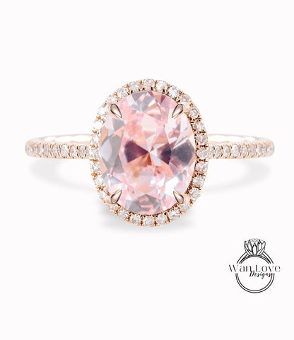 Anello di fidanzamento con alone laterale ovale con zaffiro pesca e diamante, anello di celebrità a metà strada per l'eternità, matrimonio personalizzato-14k oro 18k-platino