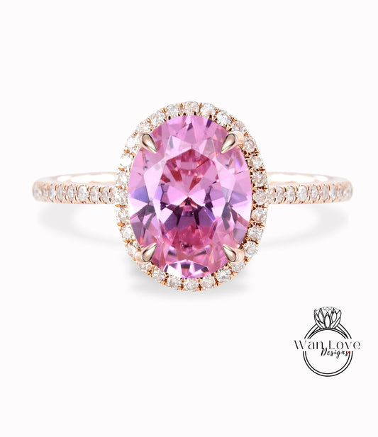 Anello di fidanzamento con zaffiro rosa taglio ovale anello art deco anello con moissanite/diamante anello da sposa vintage in oro rosa mezza eternità anniversario