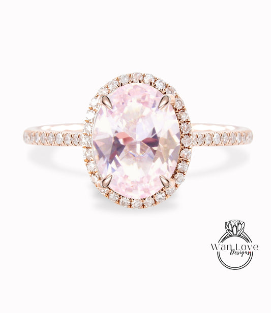 Oval cut Light Pink Sapphire engagement ring art deco ring halo moissanite/diamond ring vintage rose gold half eternity anniversary ring