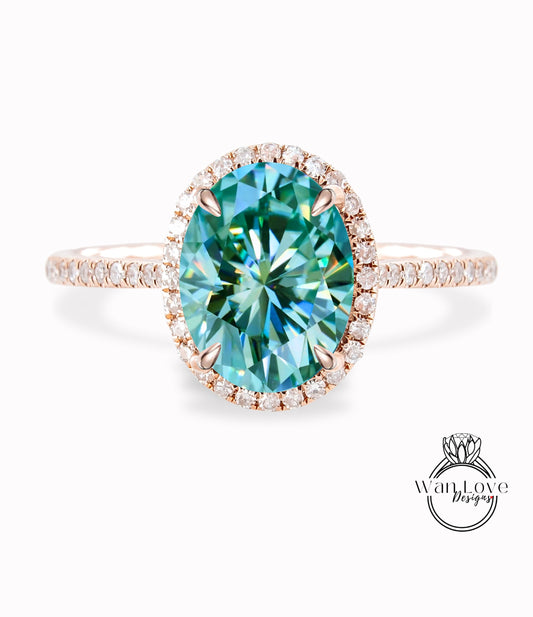 Anello con diamante Halo Moissanite blu e anello di fidanzamento con diamante ovale Halo Anello con diamante Art Déco Halo Anello di promessa nuziale per anniversario di matrimonio