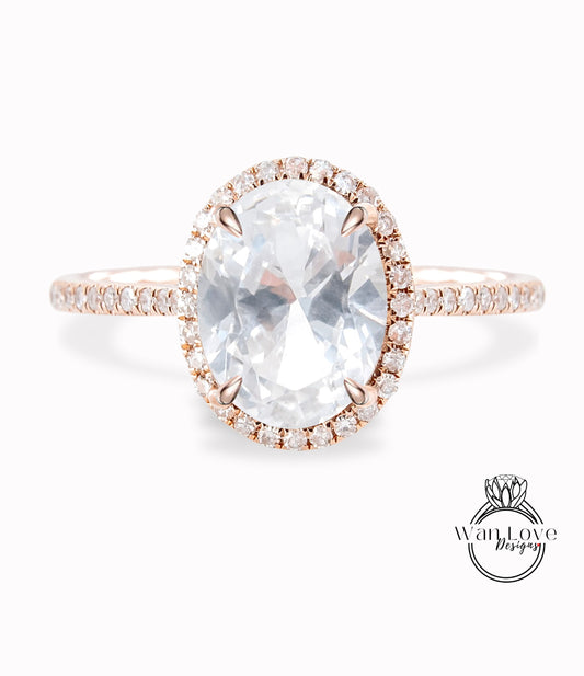 Oval cut White Sapphire engagement ring art deco ring halo moissanite/diamond ring vintage rose gold half eternity anniversary bridal ring