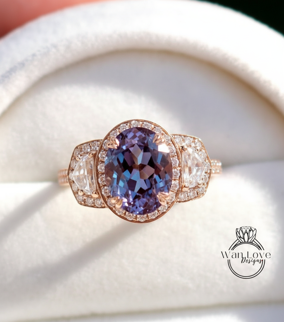 Alexandrite & Diamond Oval half moon Triple halo 3 sided engagement ring rose gold ring vintage ring art deco unique Bridal Wedding ring Anniversary gift