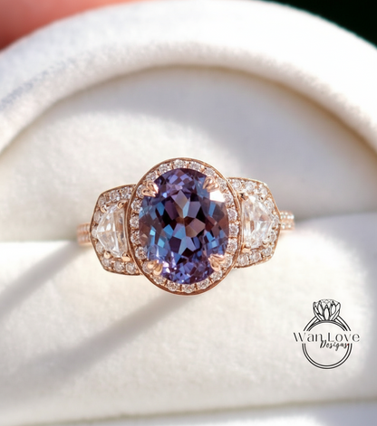 Alexandrite & Diamond Oval half moon Triple halo 3 sided engagement ring rose gold ring vintage ring art deco unique Bridal Wedding ring Anniversary gift