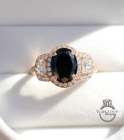 Anello di fidanzamento ovale con spinello nero, trapezio a mezza luna, 3ct, 9x7mm, personalizzato, oro rosa giallo bianco 14k 18k, platino, matrimonio, regalo di anniversario