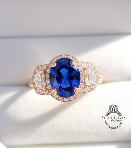 Blue Sapphire & Diamond Oval half moon Triple halo 3 sided engagement ring rose gold ring vintage ring art deco unique Bridal Wedding ring Anniversary gift