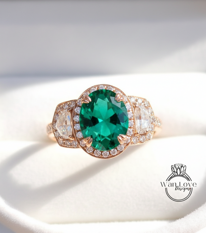 Emerald & Diamond Oval half moon Triple halo 3 sided engagement ring rose gold ring vintage ring art deco unique Bridal Wedding ring Anniversary gift