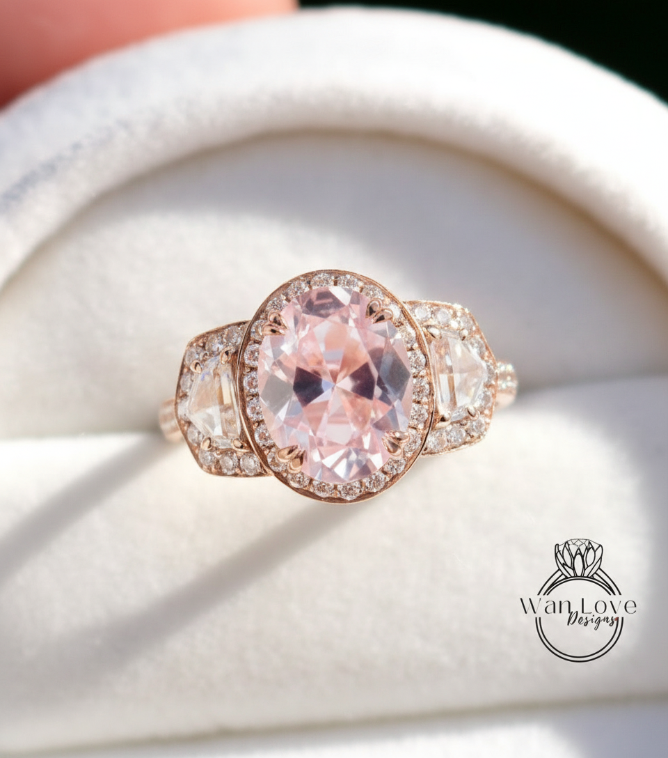 Anello di fidanzamento ovale con zaffiro rosa chiaro e diamanti, trapezio a mezzaluna, 3 ct, 9x7 mm, personalizzato, oro rosa giallo bianco 14k 18k, platino, matrimonio