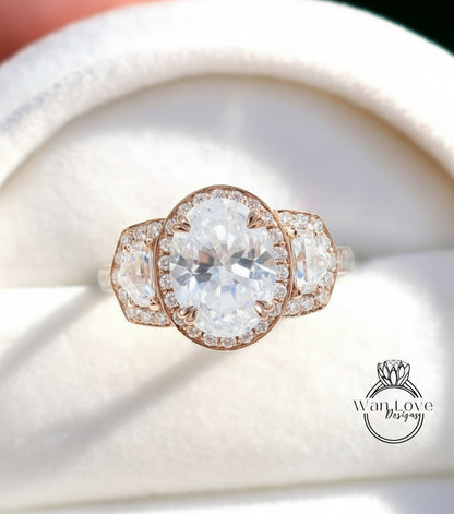 Anello di fidanzamento ovale con diamante zaffiro bianco, trapezio a mezzaluna, 3ct, 9x7mm, personalizzato, oro rosa giallo bianco 14k 18k, platino, matrimonio