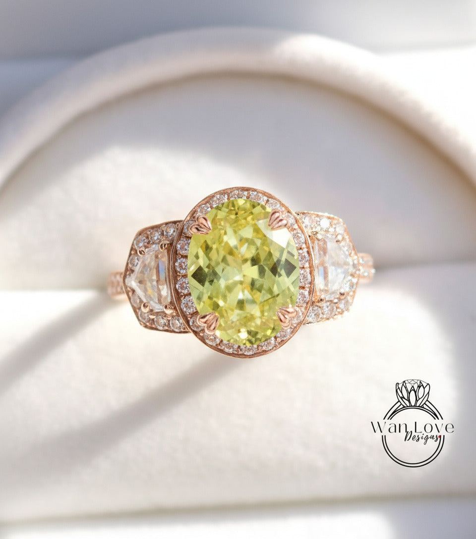 Anello di fidanzamento ovale con zaffiro rosa chiaro e diamanti, trapezio a mezzaluna, 3 ct, 9x7 mm, personalizzato, oro rosa giallo bianco 14k 18k, platino, matrimonio